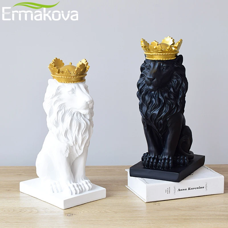 Ермакова современная статуя льва из смолы, фигурка короля льва с золотой короной, статуэтка животного, домашний рабочий стол, украшение для офиса