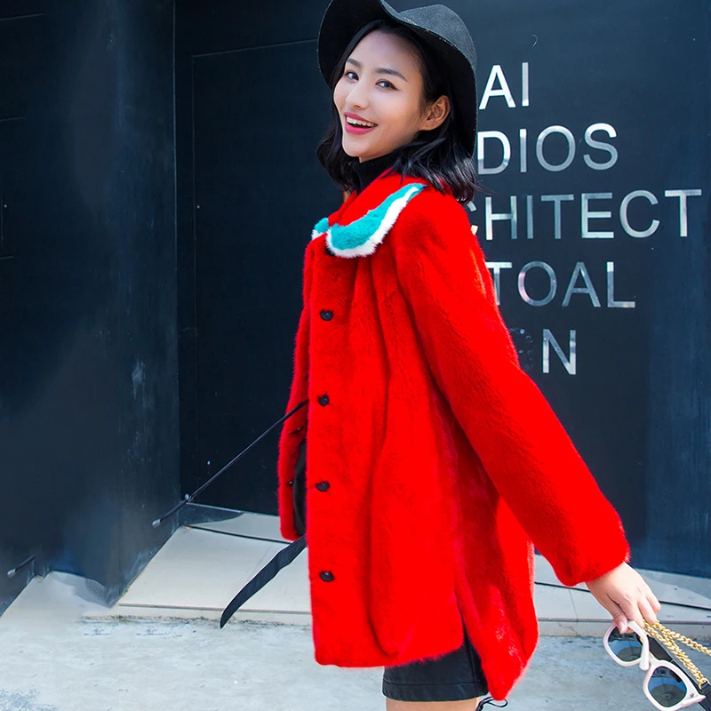 Женская длинная норковая шуба LVCHI красная Повседневная Шуба с отложным