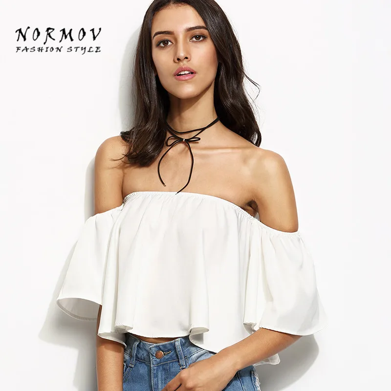 NORMOV/шифоновая блузка сексуальные топы с открытыми плечами 2017 модные однотонные