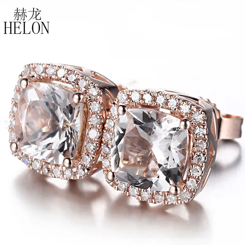 HELON Solid 14 K розовое золото Элегантные Изысканные украшения дамы 6 мм Подушка морганитовые серьги Природные Алмазы вставленные мостовой закрепкой серьги-гвоздики