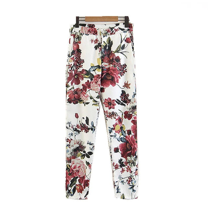 Women's pants 2019 summer new fashion peony flower printing zipper high waist color casual pencil trousers | Женская одежда