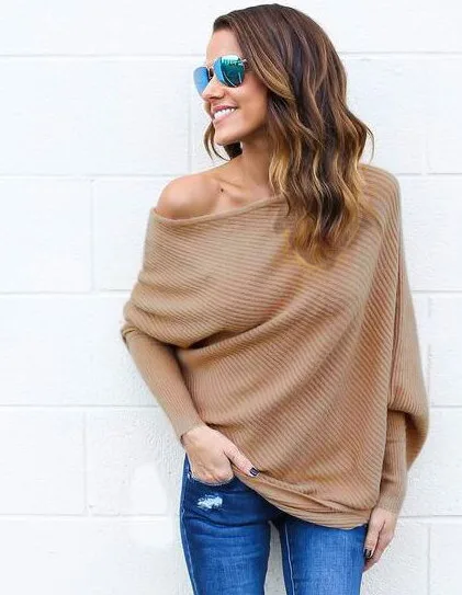 

Black off shoulder knitted sweater Women autumn elegant batwing sleeve jumper pull femme Winter casual loose pullover