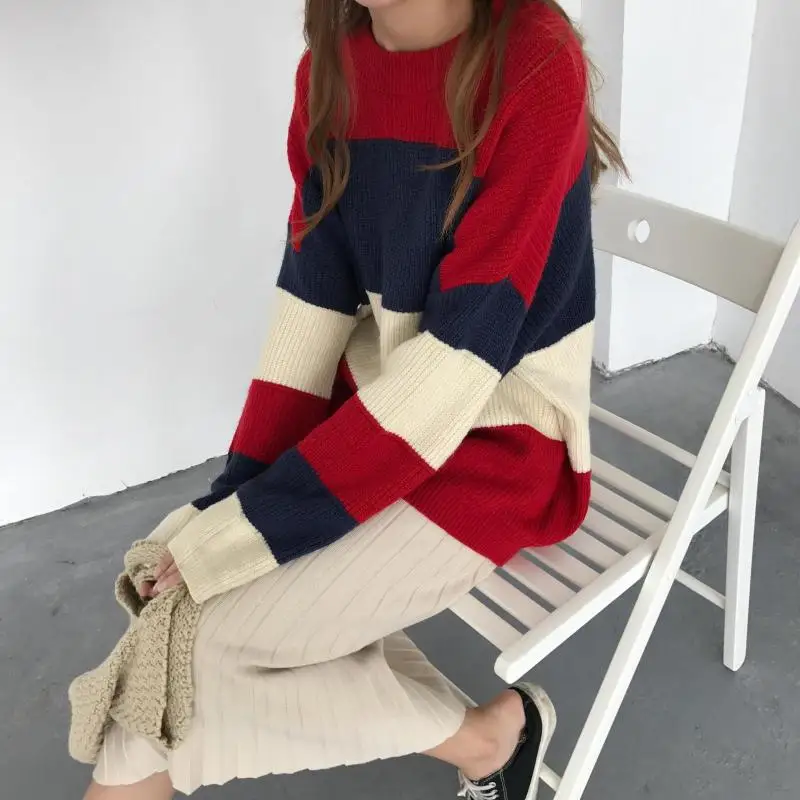 RUGOD 2018 Fashion Loose Christmas Sweater O-neck Striped Oversize Women Long Sleeve Casual Thick Knitted | Женская одежда
