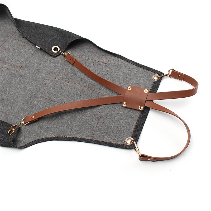 Denim Bib Retro Aprons Leather Strap Barista Barber Bartender BBQ Chef Practical Multifunctional Workwear Uniform
