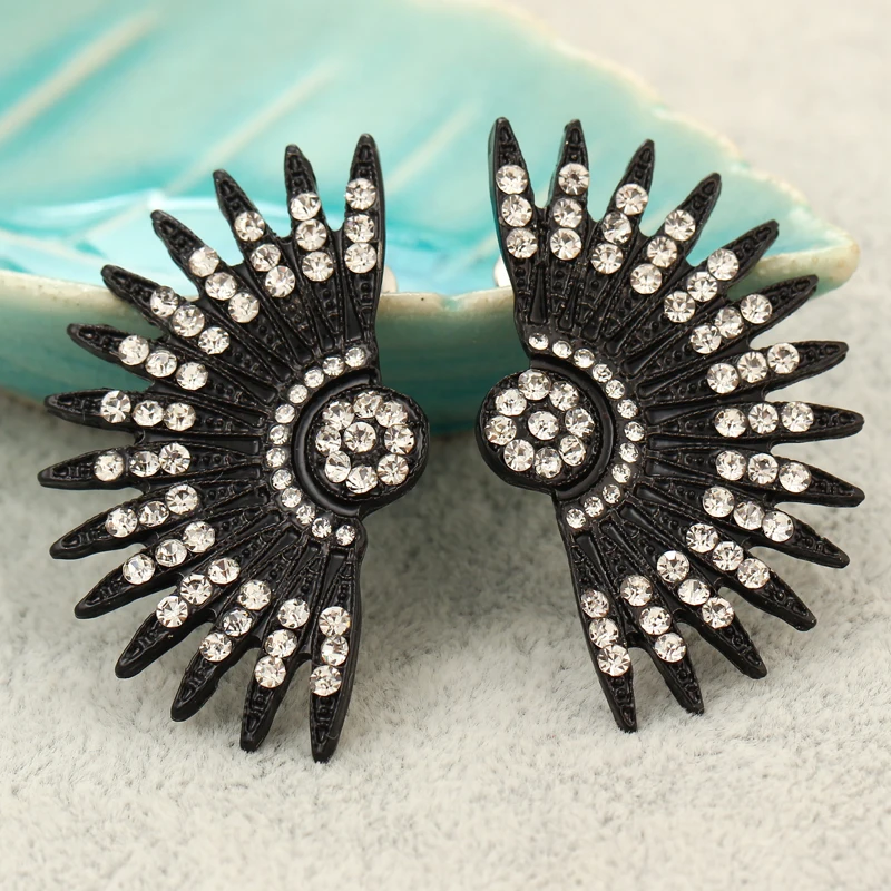 luxury statement crystal earrings black alloy fan-shaped full rhinestone jewelry | Украшения и аксессуары