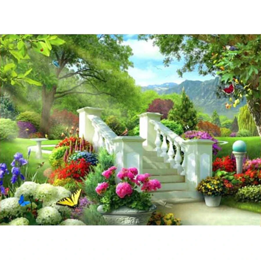 Пейзаж горный хрусталь вышивка полная мозаика алмазная живопись весенний сад