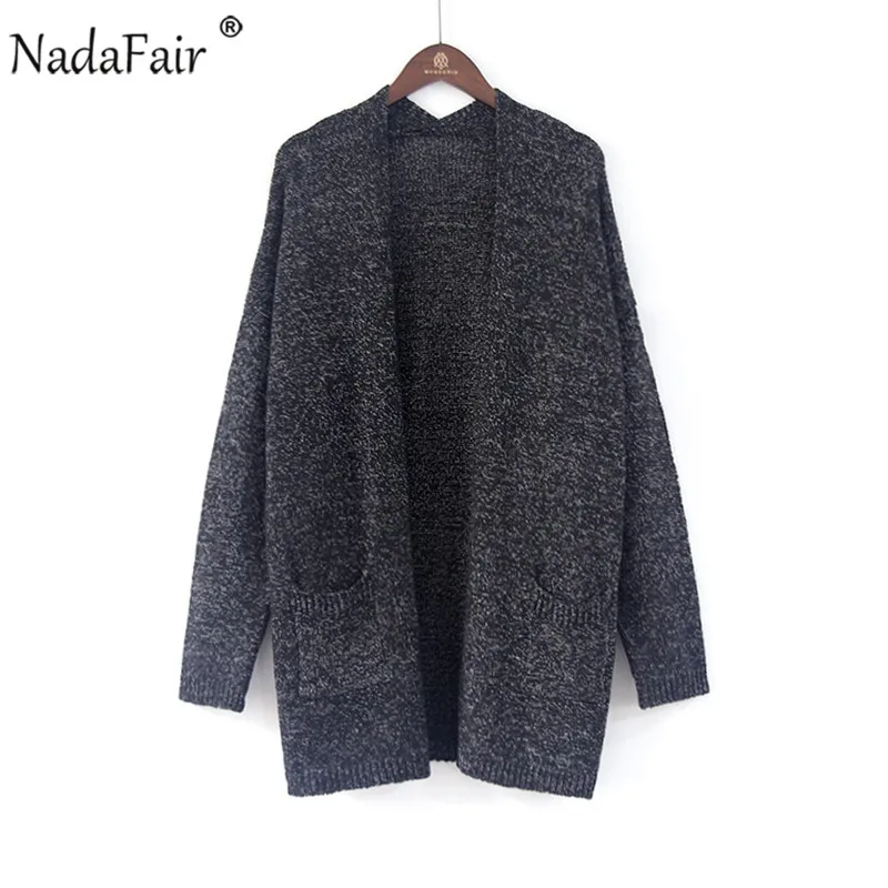 Nadafair S-5XL размера плюс повседневные длинные кардиганы Женская зимняя одежда с карманами Свободный длинный вязаный свитер пальто pull femme hiver