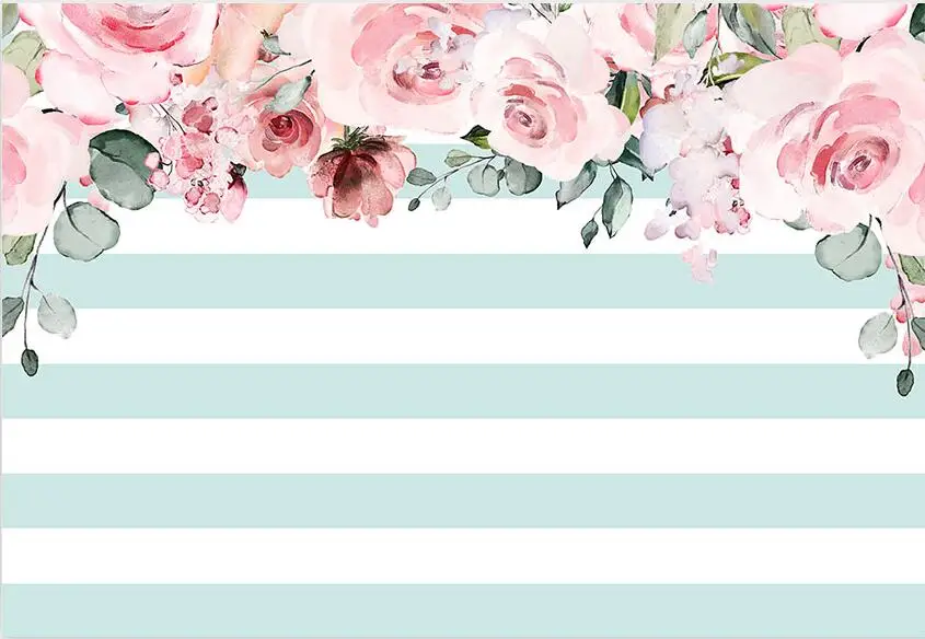

7x5ft Light Pink Flowers Turquoise Stripes Bridal Shower Wedding Custom Photo Studio Background Backdrop Vinyl 220cm x 150cm