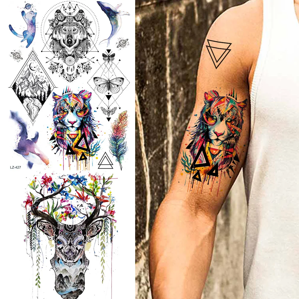 

REJASKI Triangle Geometric Tribal Wolf Temporary Tattoos For Men Sticker Mountain Feather Fake Tatoos Body Art Custom Tattoo