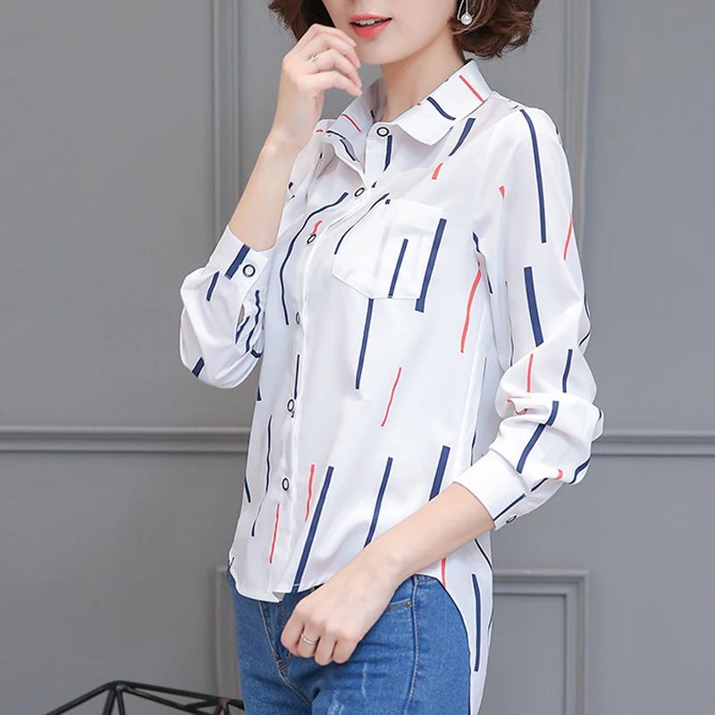 Женская длинная рубашка в белую полоску Элегантная модная офисная блузка с