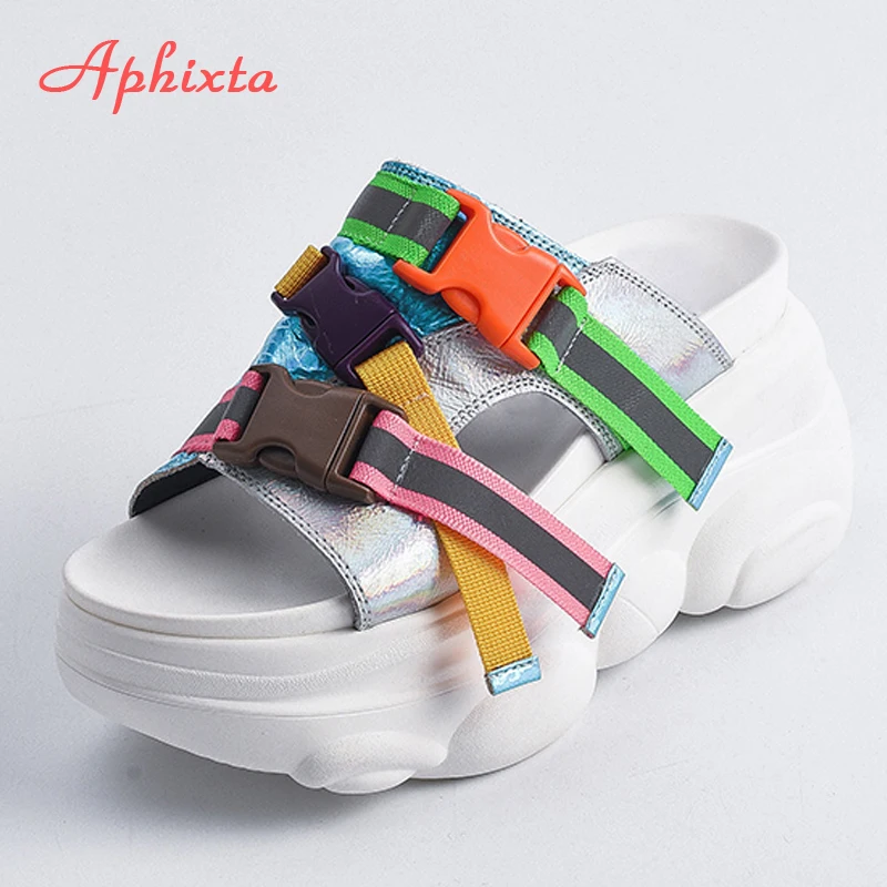 Сланцы Aphixta женские платформа каблук блестки высокие танкетки пряжка летняя