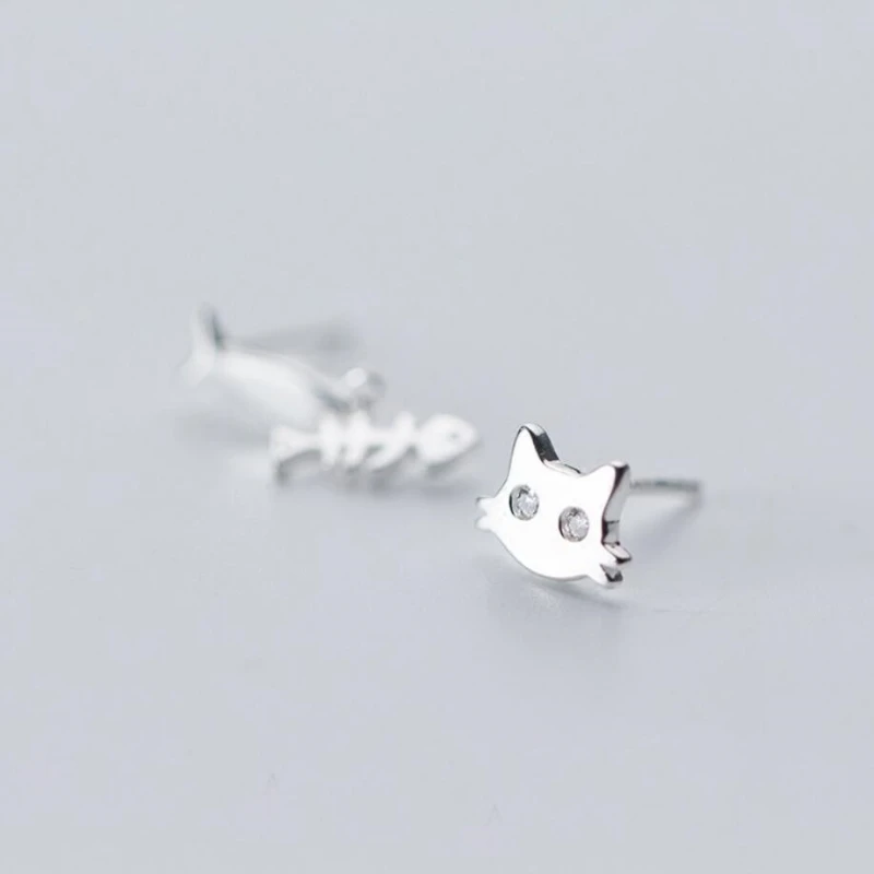 Sole Memory Cute Asymmetrical Fresh Literary Cat Fish Bone Sweet 925 Sterling Silver Fashion Female Stud Earrings SEA454 | Украшения и