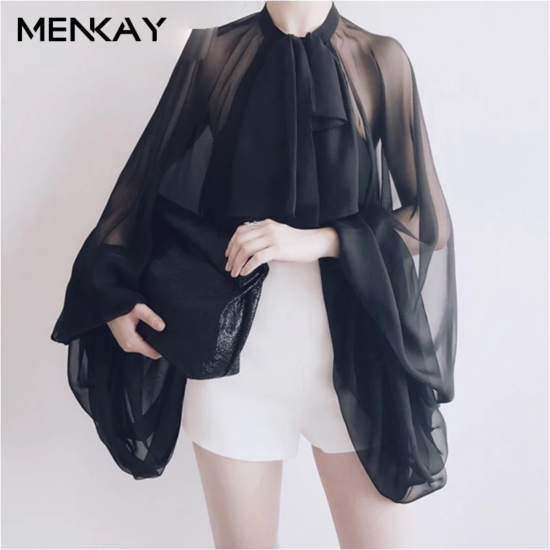 [MENKAY] женские шифоновые прозрачные сексуальные топы с бантом и рукавами