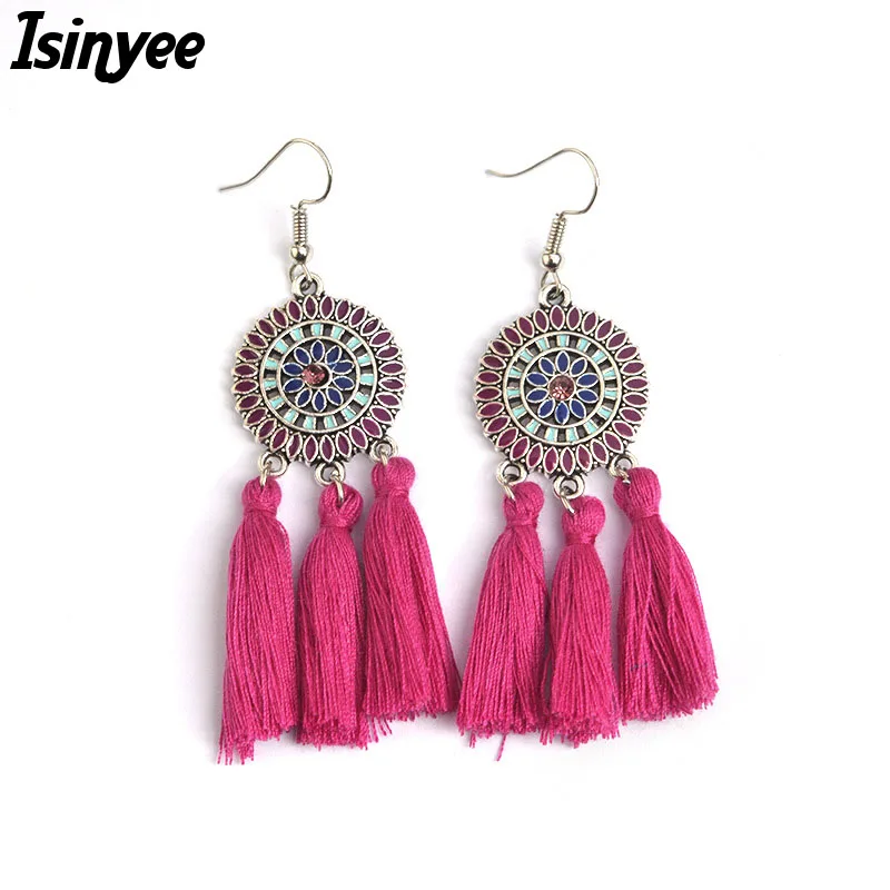 ISINYEE Модные Шелковые веревочные серьги с кисточками для женщин богемные
