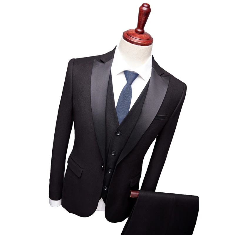 Черный смокинг 3 предмета мужской блейзер для свадебной вечеринки со штанами