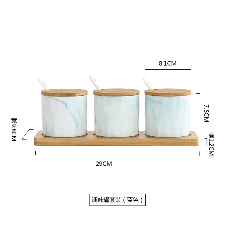 

Marble Ceramic Condiments Jar Household Seasoning Box Wooden Tray Porcelain Spice Jar Sauce Pot Salt Sugar Kitchen Tool Set