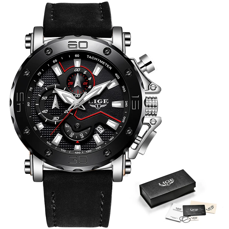 

LIGE Men Watches Male Business Date Chronograph Waterproof Quartz Watch Men's Casual Leather Large Dial Military Watch Relogio