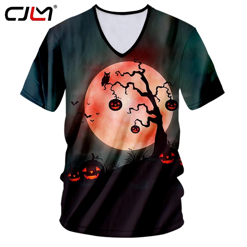 

Футболка CJLM мужская с круглым вырезом, тенниска с 3D рисунком Луны, тыквы с красными глазами и фонариками, тематика Хэллоуина