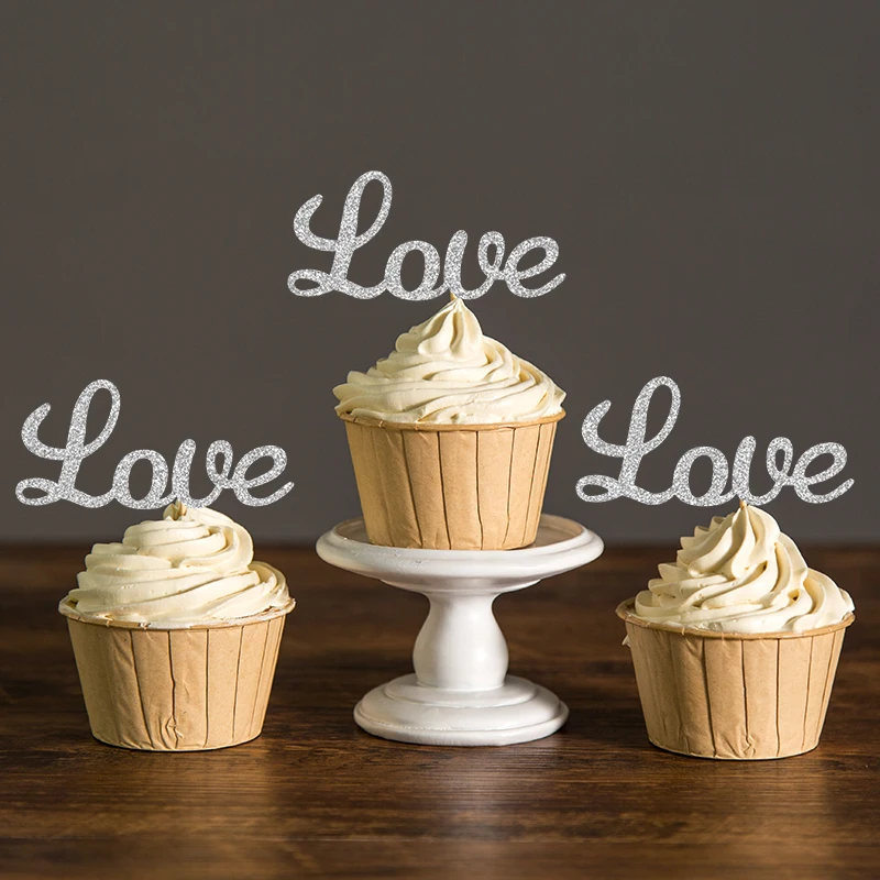 Черные/серебряные и золотые блестящие топперы для влюбленных капкейков