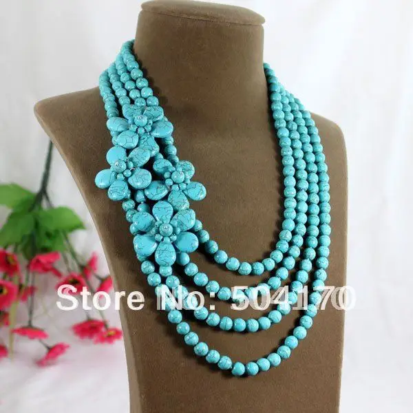 Великолепные 4 ряда бусины из синего камня ожерелье с каменным цветком модные