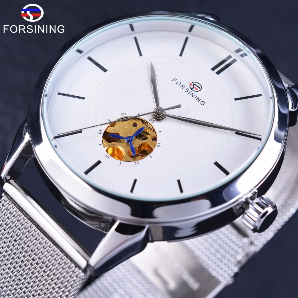 

Часы наручные Forsining мужские с минималистским дизайном, брендовые роскошные золотистые, с подвижным серебристым корпусом из нержавеющей ста...