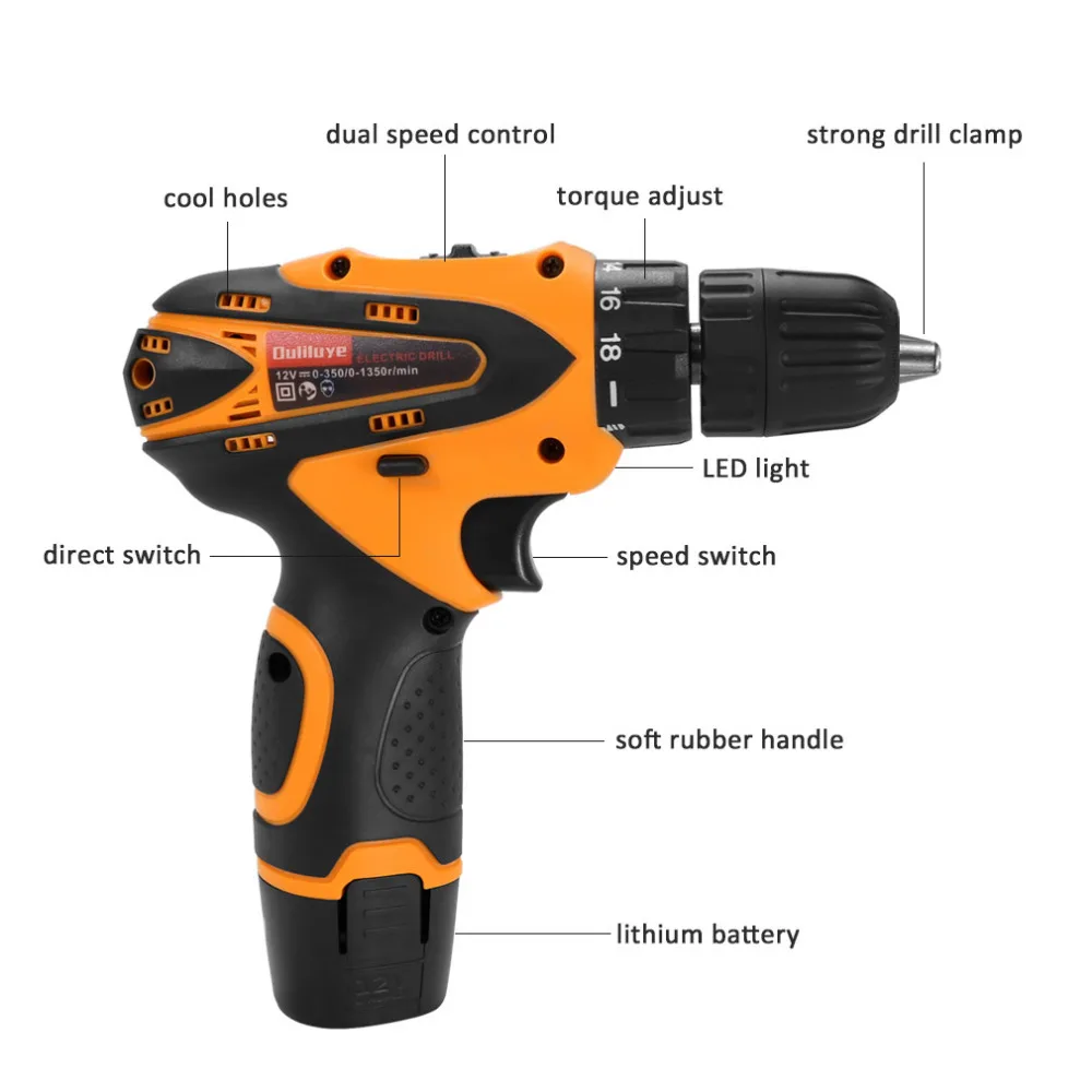 12 В Регулируемая двухскоростная беспроводная ударная дрель электронная