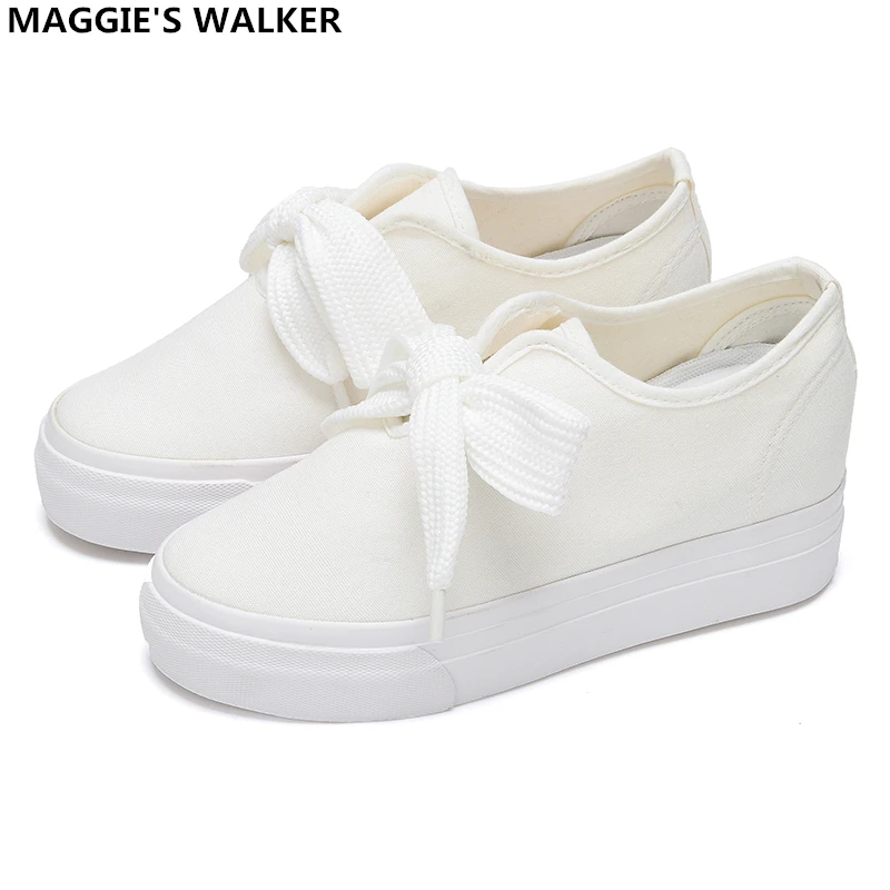 Maggie's Walker Women Trendy Canvas Casual Shoes with Bow-tie Platform Lace-up Outdoor White/Black Size 35~40 | Обувь