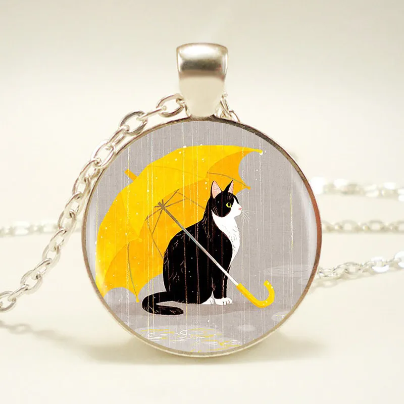 

Fashion In The Rain Cat Pictures Pendant Necklace Art Glass Cabochon Picture Animal Chain Necklace Women Lover Gif