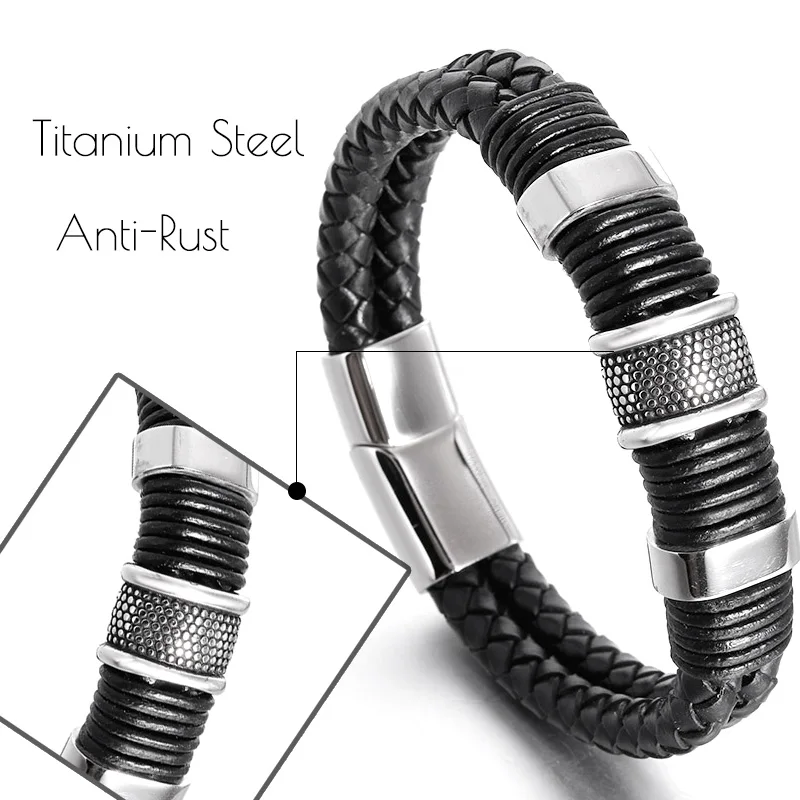 

Fashionable Leather Bracelet Men Jewelry Braided Male Handmade Bracelet Stainless Steel Safty Clasp Hombre Wrist Band Gifts