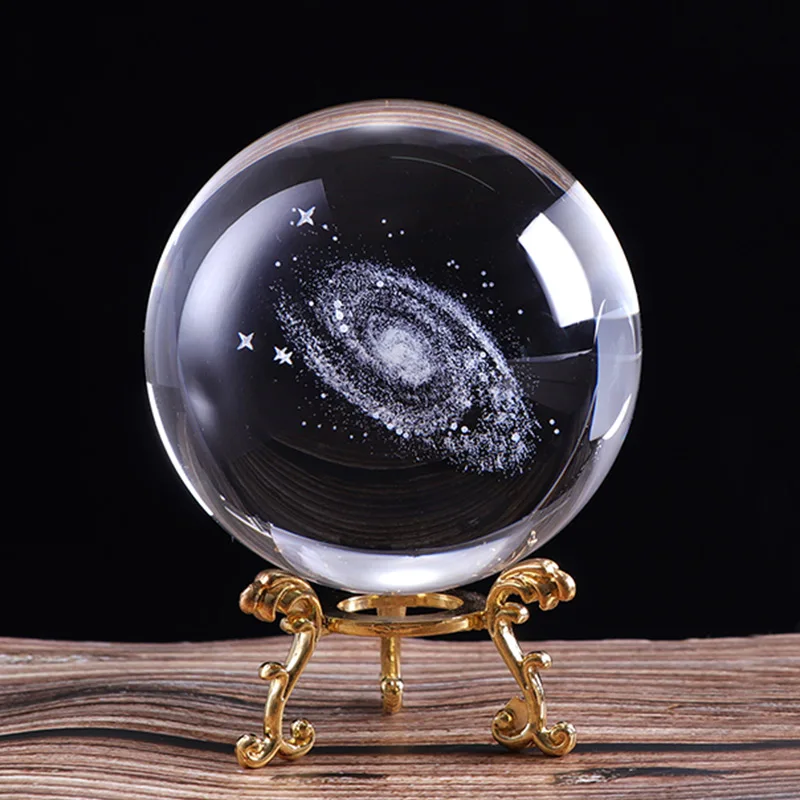 with gold base 60 мм/80 мм 3D лазерная гравировка Galaxy хрустальный шар Миниатюрная модель кристалл ремесло Сфера орнамент Глобус стекло домашний Декор подарок - Цвет: with gold base