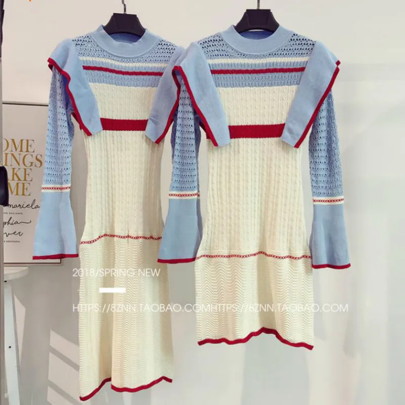 20118 Winter Long Sleeve Ruffles Sweaters Women Sweet Dresses Lady Flare Sweater Knit Tops | Женская одежда