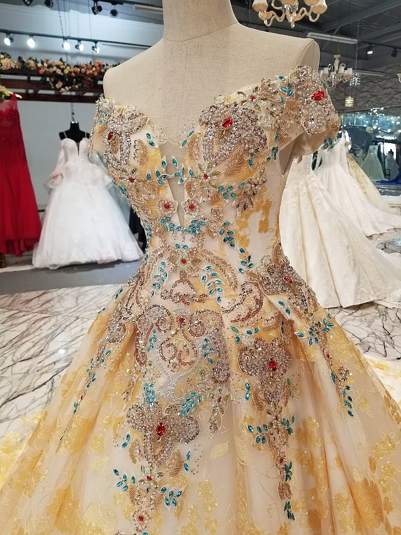 Aolanes 2018 Gold Lace Sweetheart Wedding Dresses Royal Train China Bridal Gown Backless Off The Shoulder Vestido De Noiva | Свадьбы и