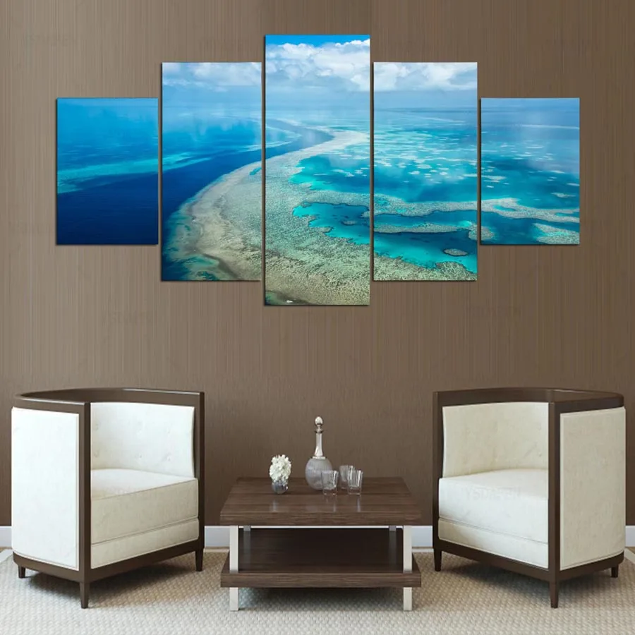 Современные interieur modulaire холст HD gedrukt 5 stuks blauwe хемел oceaan волькен волна zeegezicht schilderen
