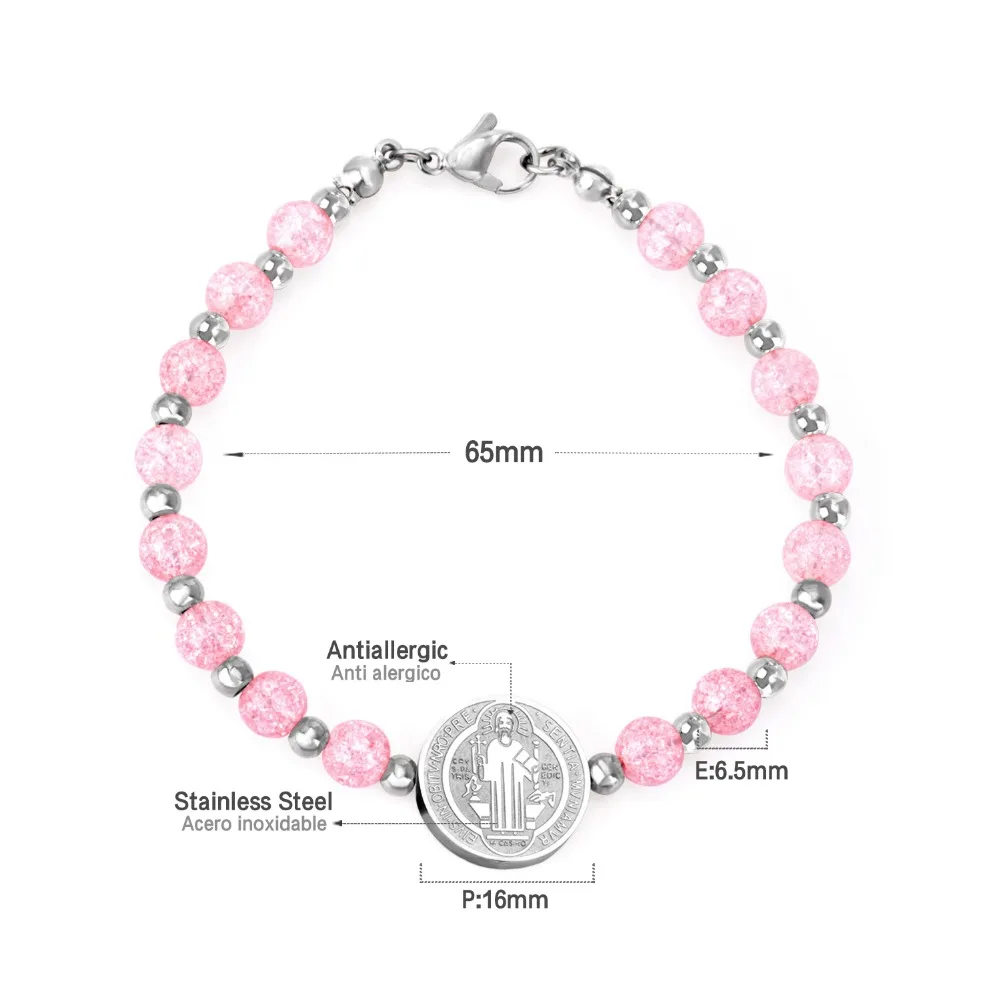 LUXUSTEEL baby bangle bracelet Pink Crystal Beaded Bracelets Stainless Steel Round Jesu Pendants Women Accessories Party | Украшения и