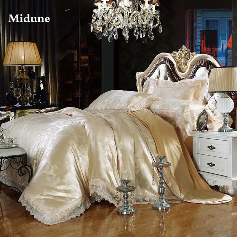 

New 100% Cotton Luxury Embroidery Tencel Satin Jacquard Bedding Sets Bed Sheet Queen King size 4pcs Duvet Cover Sets