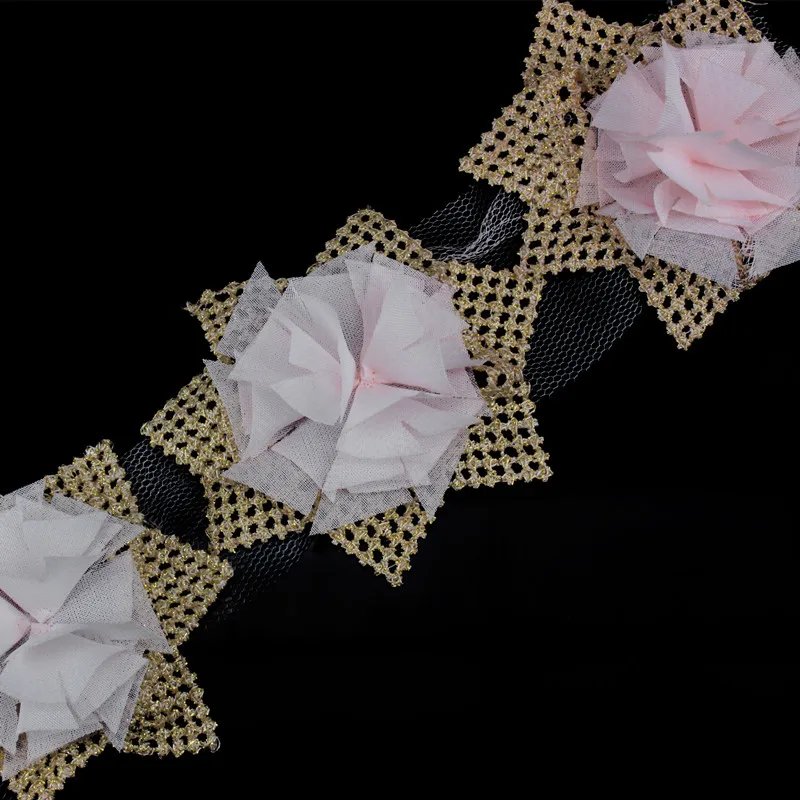10 ярдов золотые розовые цветы Кружевная аппликация вышивка гипюр ткань лента