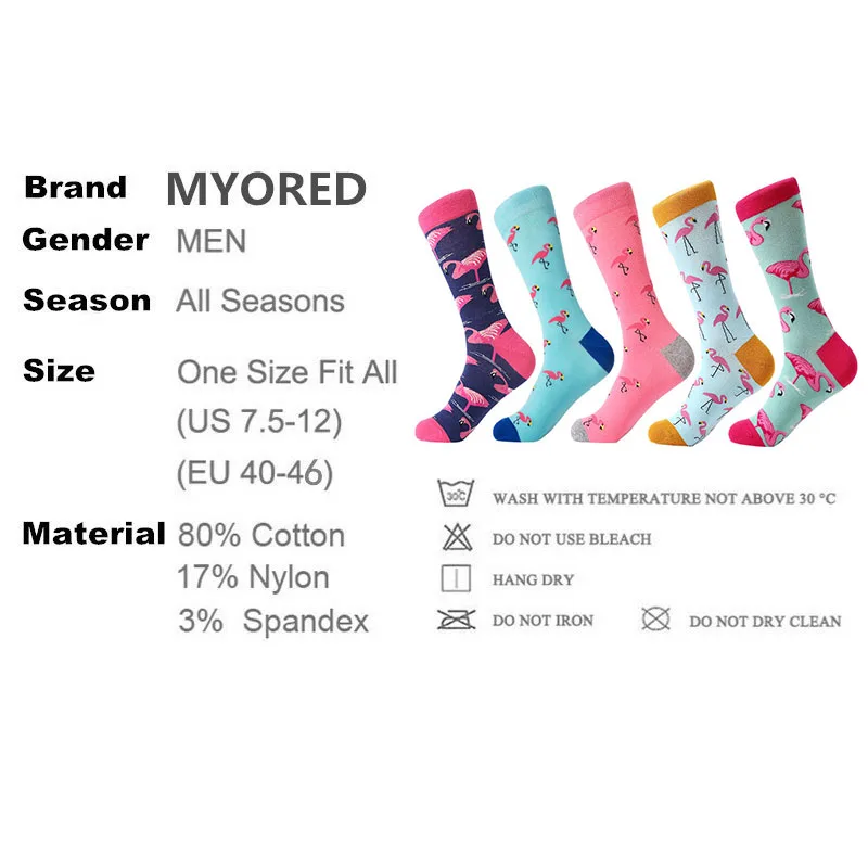 MYORED male socks 5 pairs/lot bright colorful men's crew socks cartoon funny bird pattern man casual dress Calcetines de hombre