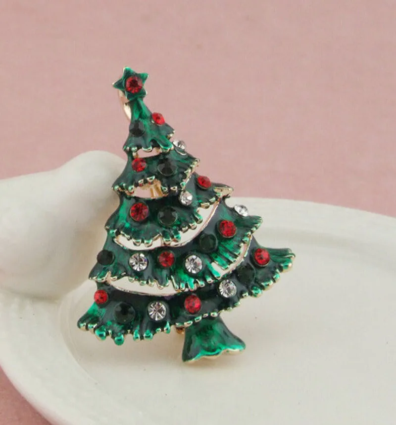 

Fashion Xmas Gifts Rhinestone Green Enamel Christmas Tree Brooch Pin Gold Tone Brooches Jewelry Wholesale 12Pcs