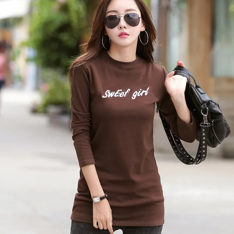 Half Turtleneck Black Long Sleeve Tshirt Woman Fall Winter Thicken Warm Embroidery Letters T-shirts Plus Velvet 2947LY | Женская одежда