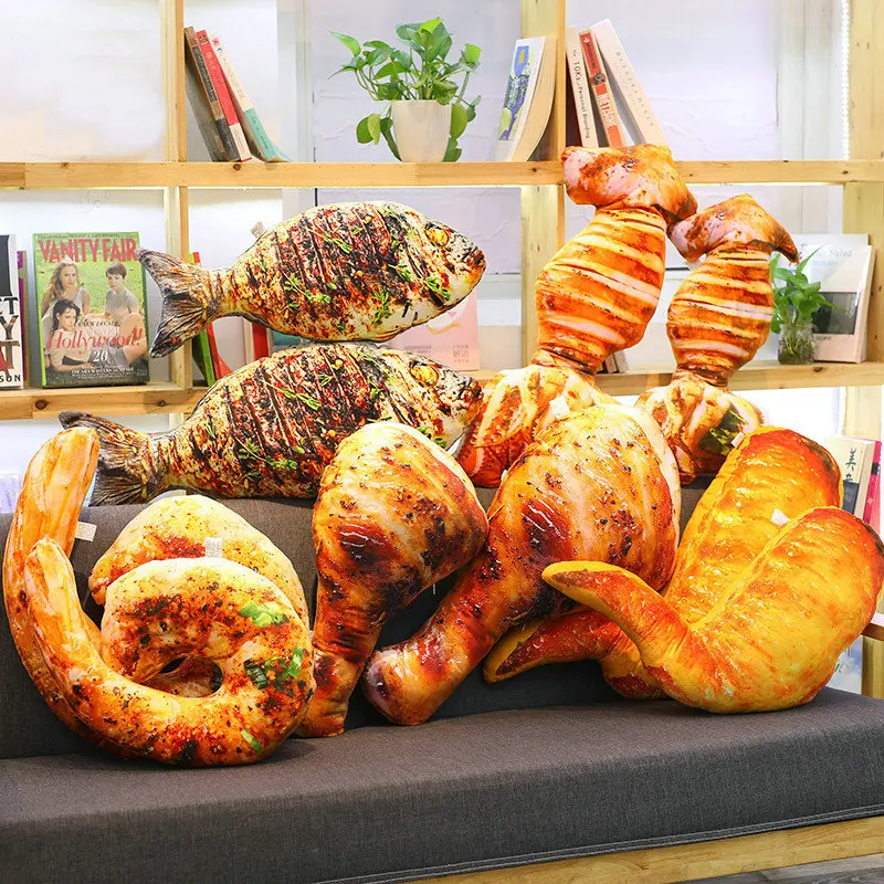 Плюшевая имитация еды, рыба на гриле/куриная нога, Фаршированная Подушка и жареное крыло/кальмар, мягкая кукла для барбекю, Детская креативная игрушка для выпечки