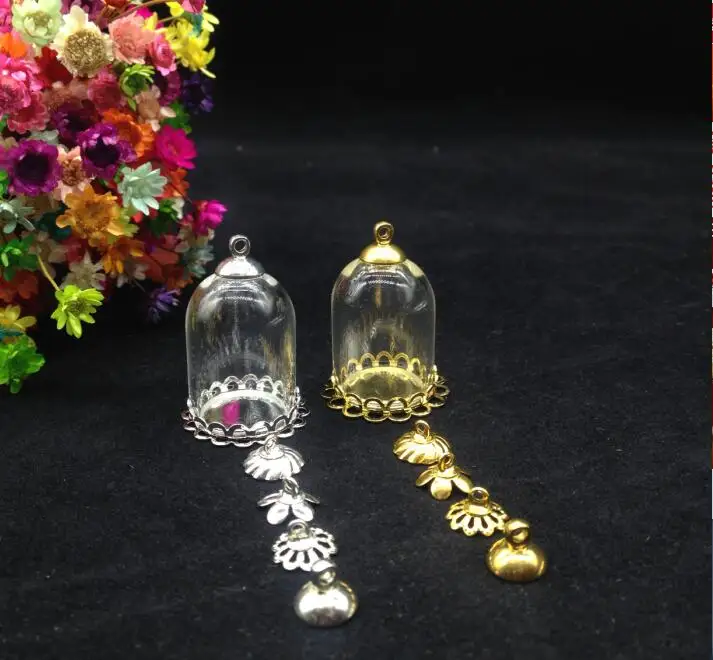 

50sets/lot 25*18mm Tube glass globe gold/siver plated double lace tray beads cap set glass vials pendant glass bottle findings