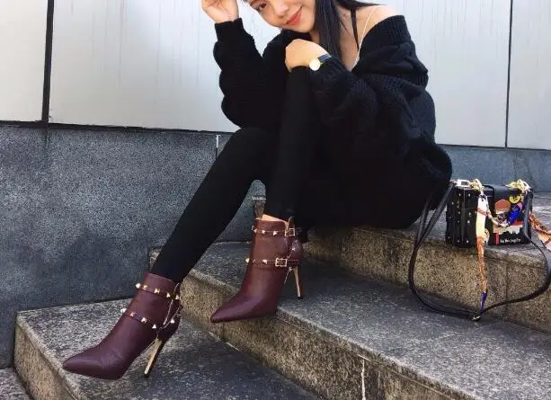 Туфли на тонком каблуке женские ботинки с заклепками брендовый дизайн ботильоны