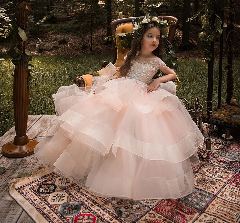 Vestido Comunion/детские шикарные Бальные платья; Платья с цветочным узором для девочек; Пышные Многослойные платья с открытой спиной и рукавами-крылышками