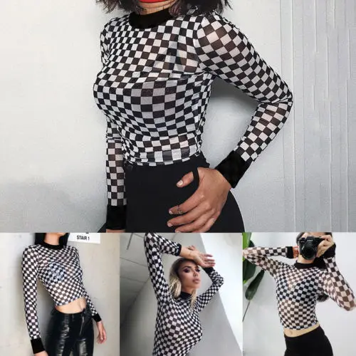 Женская сексуальная Сетчатая футболка в черно белую клетку Повседневная