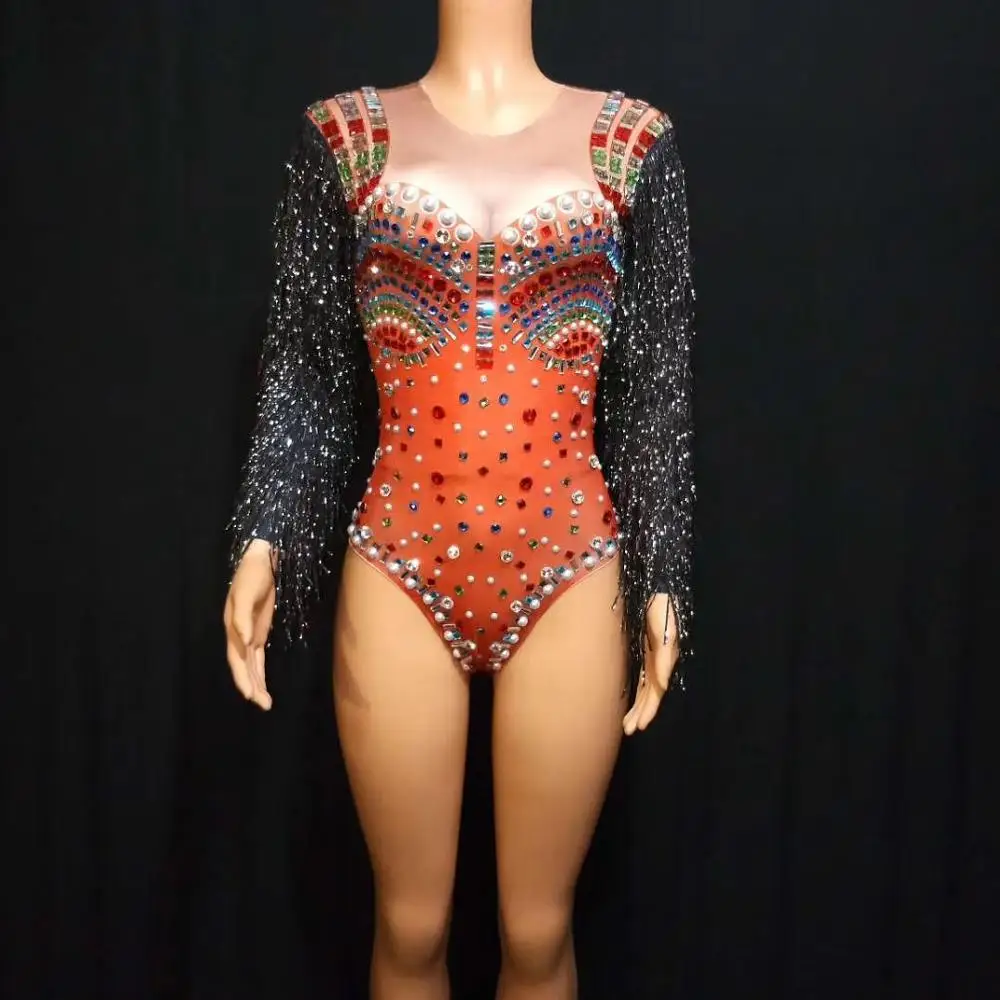 Соблазнительное красное боди с бахромой Женская сценическая одежда для певицы