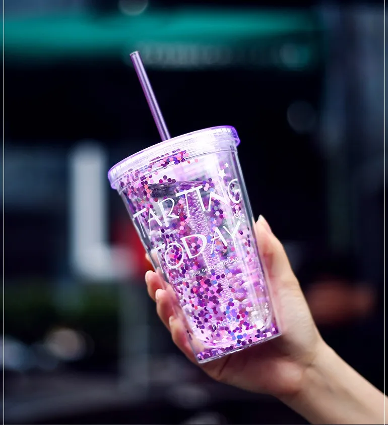 Мода BlingBling летняя соломенная чашка 450 мл хорошее время двойной пластик с соломинкой воды copo com canudo