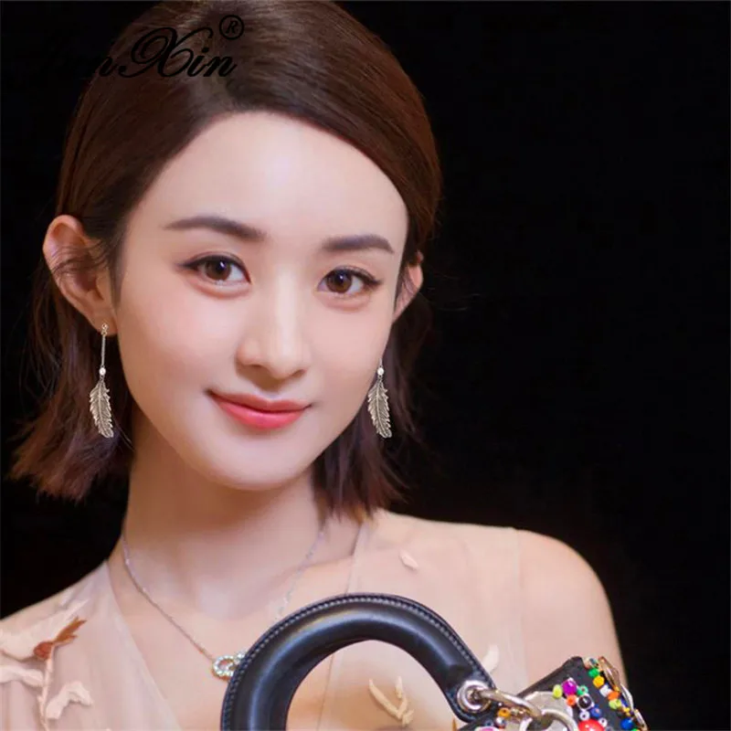 JUNXIN женские милые длинное перо-кисточка Висячие серьги для женщин 925 серебро Заполненные Белый Кристалл Висячие серьги вечерние ювелирные изделия