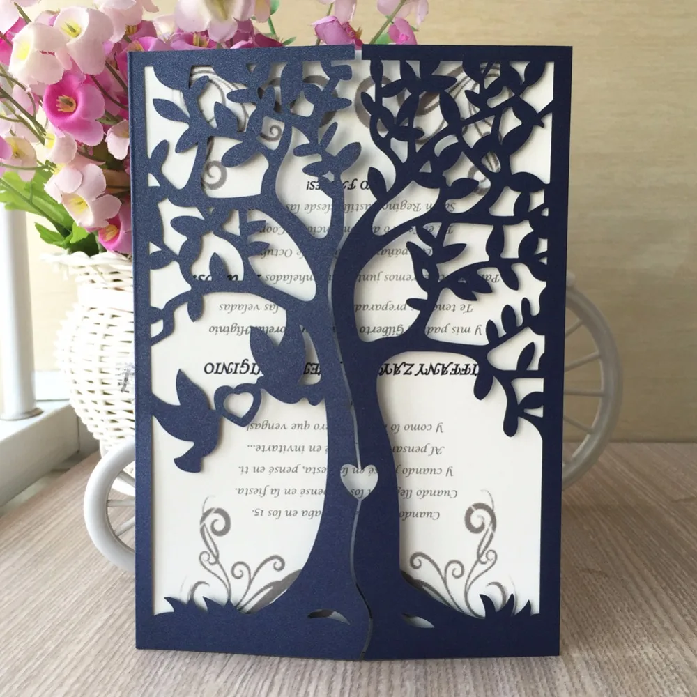 

50PCS/lot New Gold & Brown Unique Love Tree Design Bride Groom Wedding Invitation Cards With Custom Printing 24 Colors