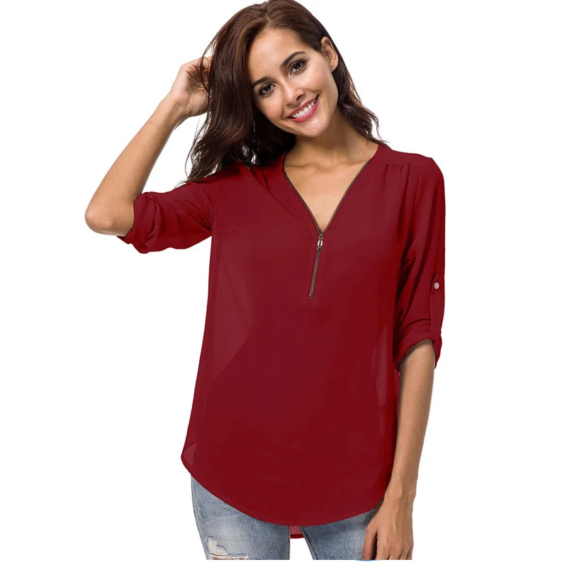 

Женская шифоновая блузка на молнии, однотонная блузка с V-образным вырезом, лето