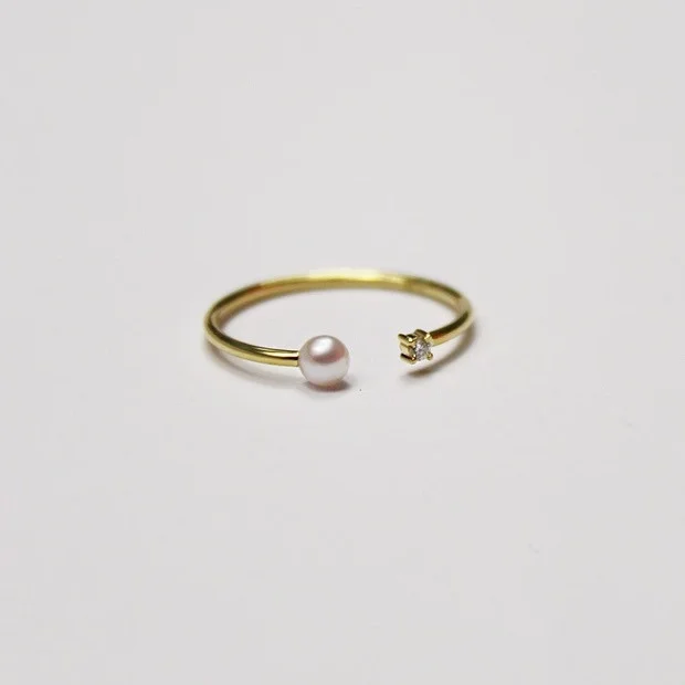 New Plated 14K Yellow Gold Ring Japanese Light Luxury Natural Shell Pearl with Diamond Open Rings Jewelry | Украшения и